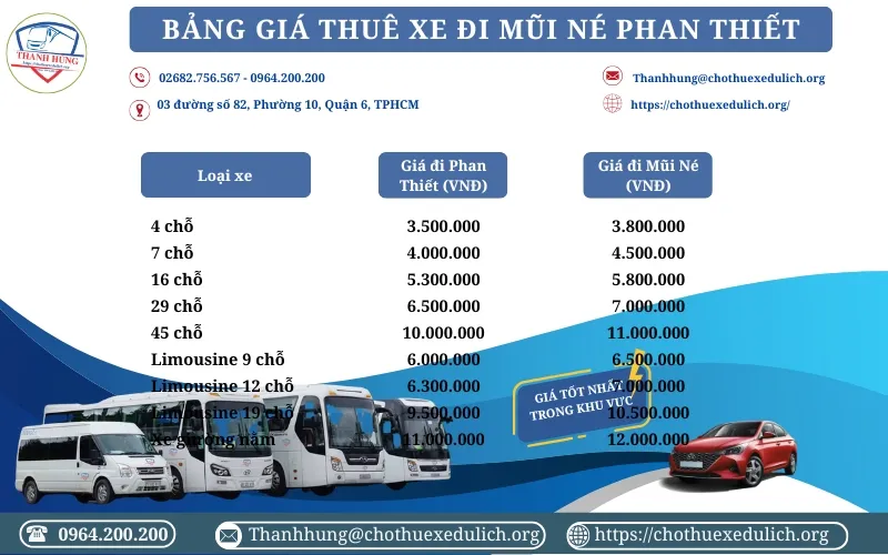 Bảng giá thuê xe đi Mũi Né Phan Thiết