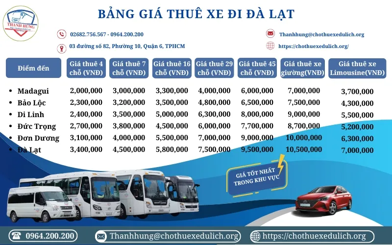 Bảng giá thuê xe đi Đà Lạt